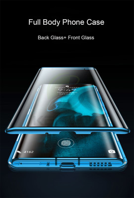 Твърди гърбове Твърди гърбове за Huawei Луксозен алуминиев бъмпър от 2 части с магнити и стъклен протектор лице и гръб Magnetic Hardware Case за Huawei P40 Pro ELS-N04 / ELS-NX9 син 